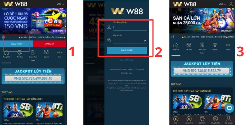 Thao tác vào game trên ứng dụng W88 cho điện thoại 